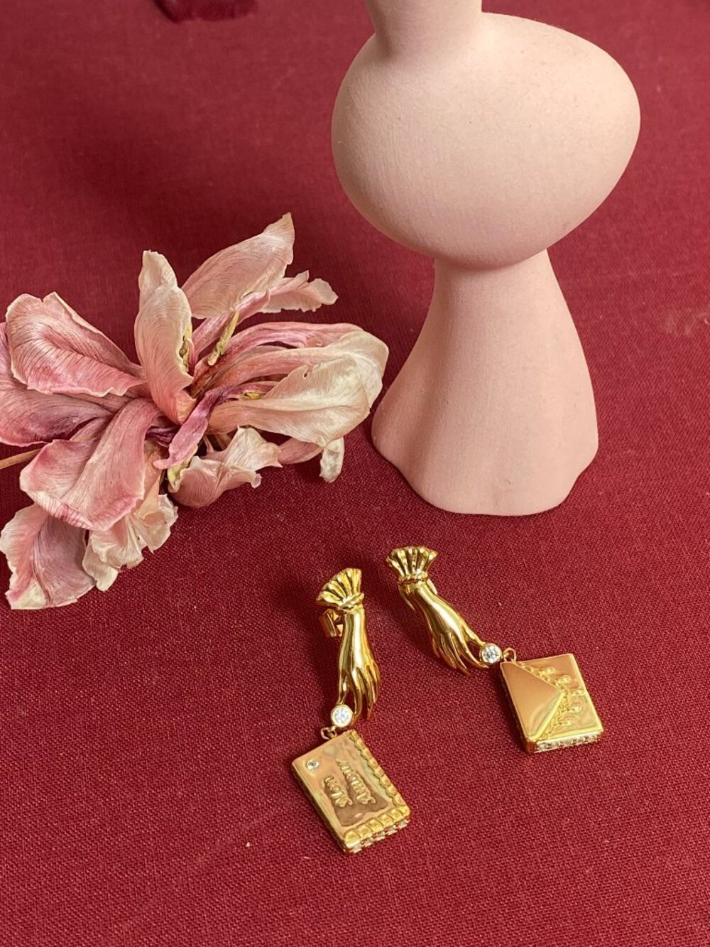 Retro Chic Surrealist Hand & Love Letter Earrings w/ French Phrase "Mon Amour"
